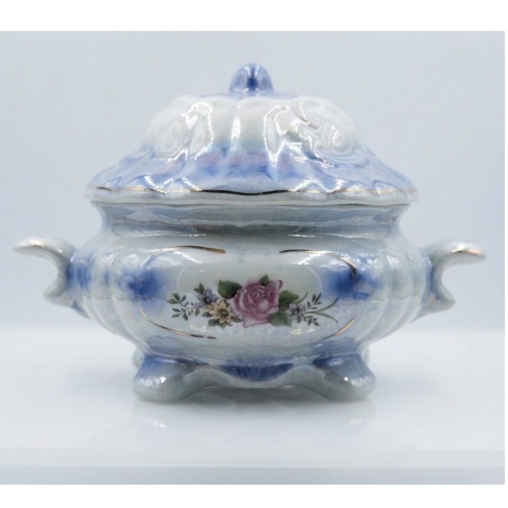 Vintage Iridescent Pearlescent Blue Rose Floral Ceramic Lidded Sugar Bowl Footed